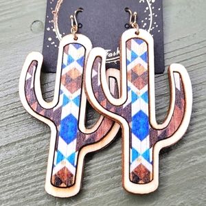 WESTERN CACTUS WOOD DROP EARRINGS